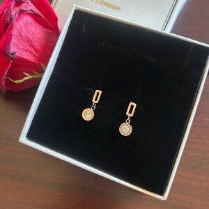 Gold Tone Crystal Drop Earrings | Roman Numeral Charm | Elegant Dangle Jewelry